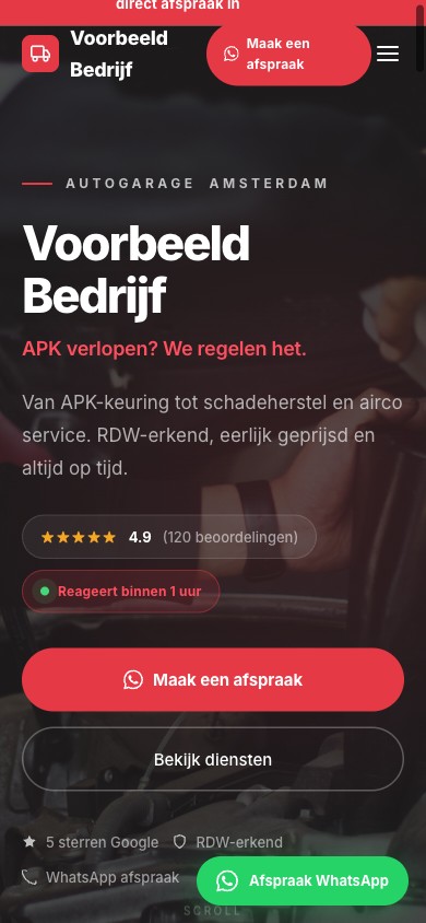 Mobiele website voor Garage Oost